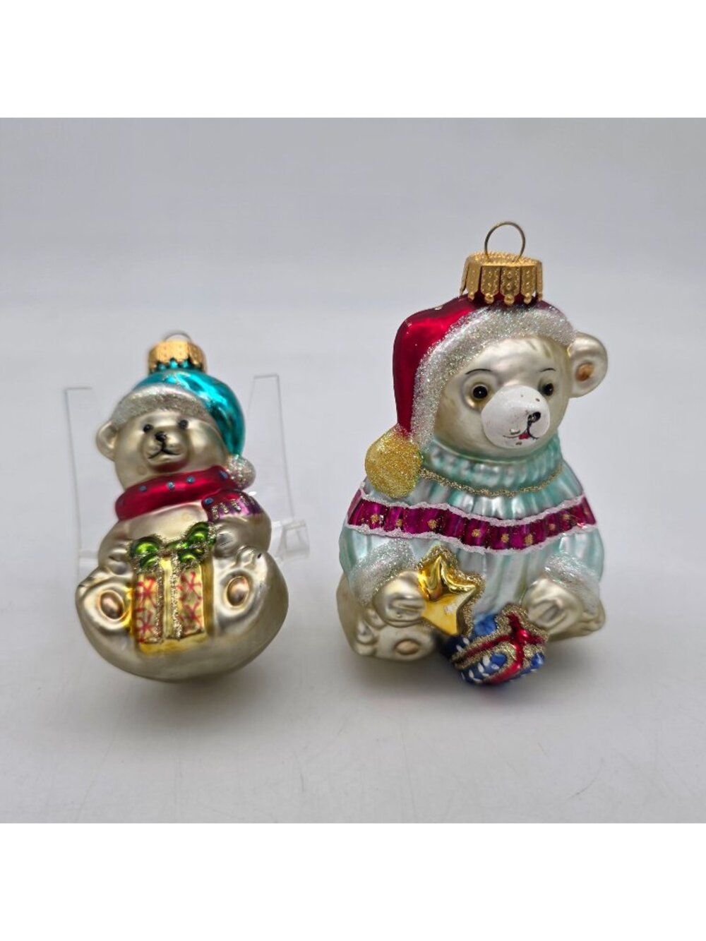 Vintage Glass Teddy Bear Christmas Ornaments Gold Caps Hand-Painted Glitter